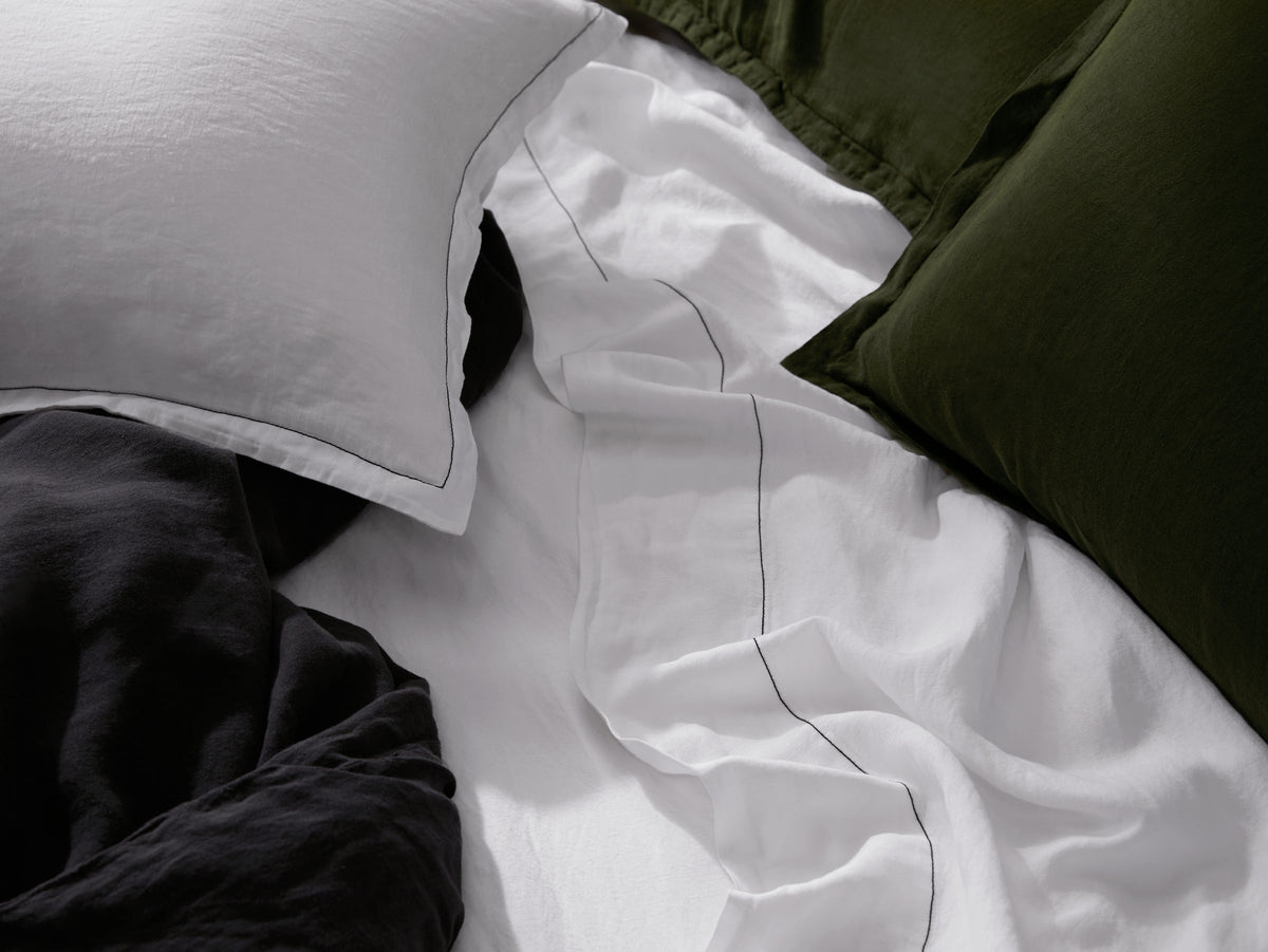 Linen Tencel Top Sheet - FINAL SALE (White with Black)